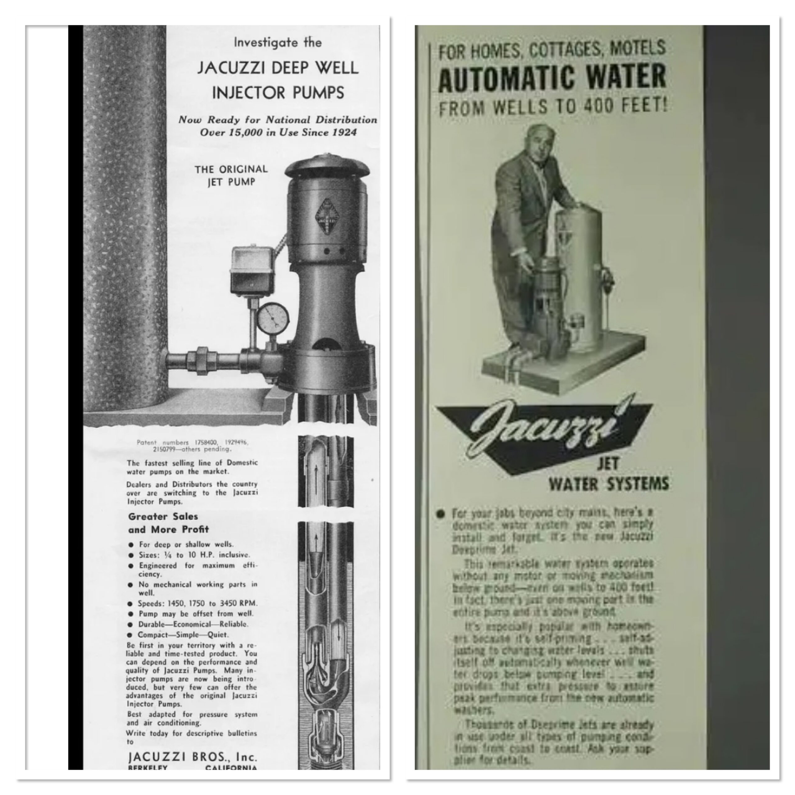 Two clippings show a 1939 advertisement for Jacuzzi Deep Well Injector Pumps and a 1958 advertisement for Jacuzzi Jet Water Systems.
