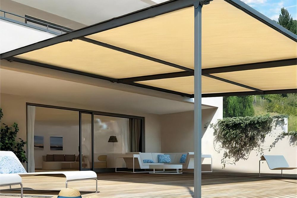 The Best Outdoor Shade installed over a seating area.
