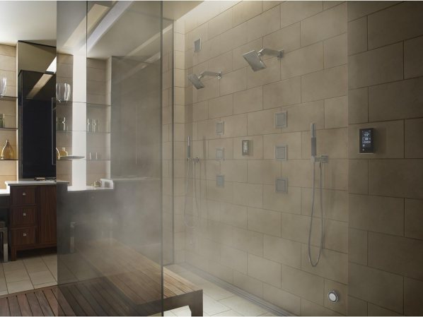 The Best Steam Shower dispensing steam into a large and contemporary shower space.