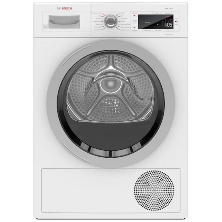  The Bosch 500 Series 4 cu. ft. Heat Pump Dryer on a white background.