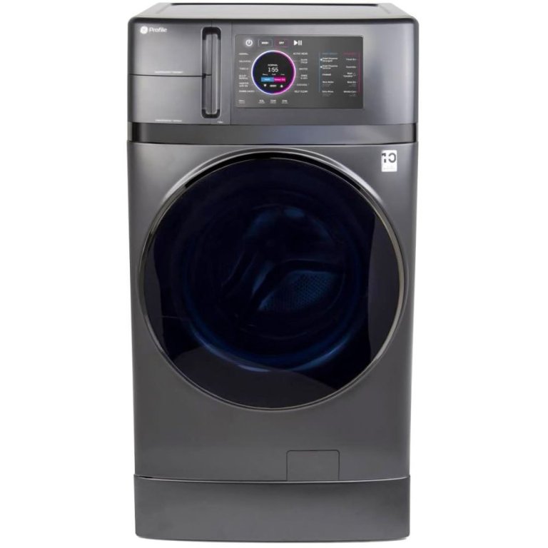  The GE Profile 4.8 cu. ft. Heat Pump Washer/Dryer on a white background.