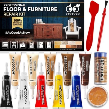  The box and individual colored fillers of the Coconix Floor and Furniture Repair Kit with its included application tools on a white background.