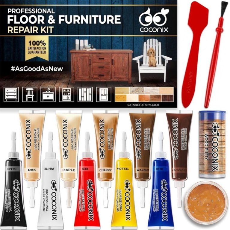  The box and individual colored fillers of the Coconix Floor and Furniture Repair Kit with its included application tools on a white background.