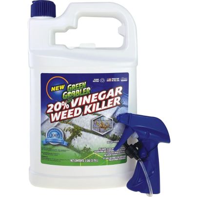 The Green Gobbler 20% Vinegar Weed and Grass Killer in a jug with a spray trigger next to it.