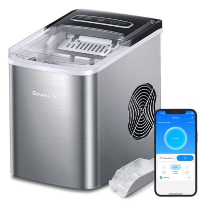 The GoveeLife Portable Countertop Ice Maker on a white background with a scoop of ice and a phone showing the GoveeLife app.