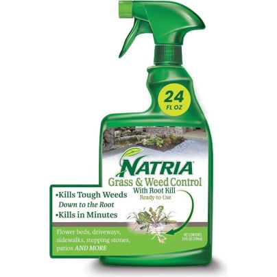 A green spray bottle of Natria Grass and Weed Control With Root Kill on a white background with a magnified section listing the product's benefits.
