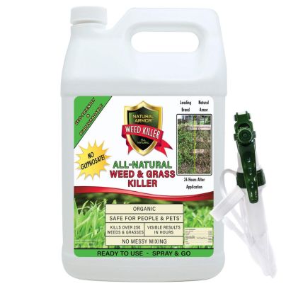 A jug of the Natural Armor All-Natural Weed and Grass Killer with a spray trigger next to it on a white background.