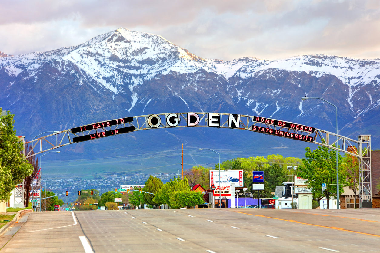Ogden, Utah, USA - April 28, 2019: Daytime of the Ogden welcome sign looking north on Washington Blvd