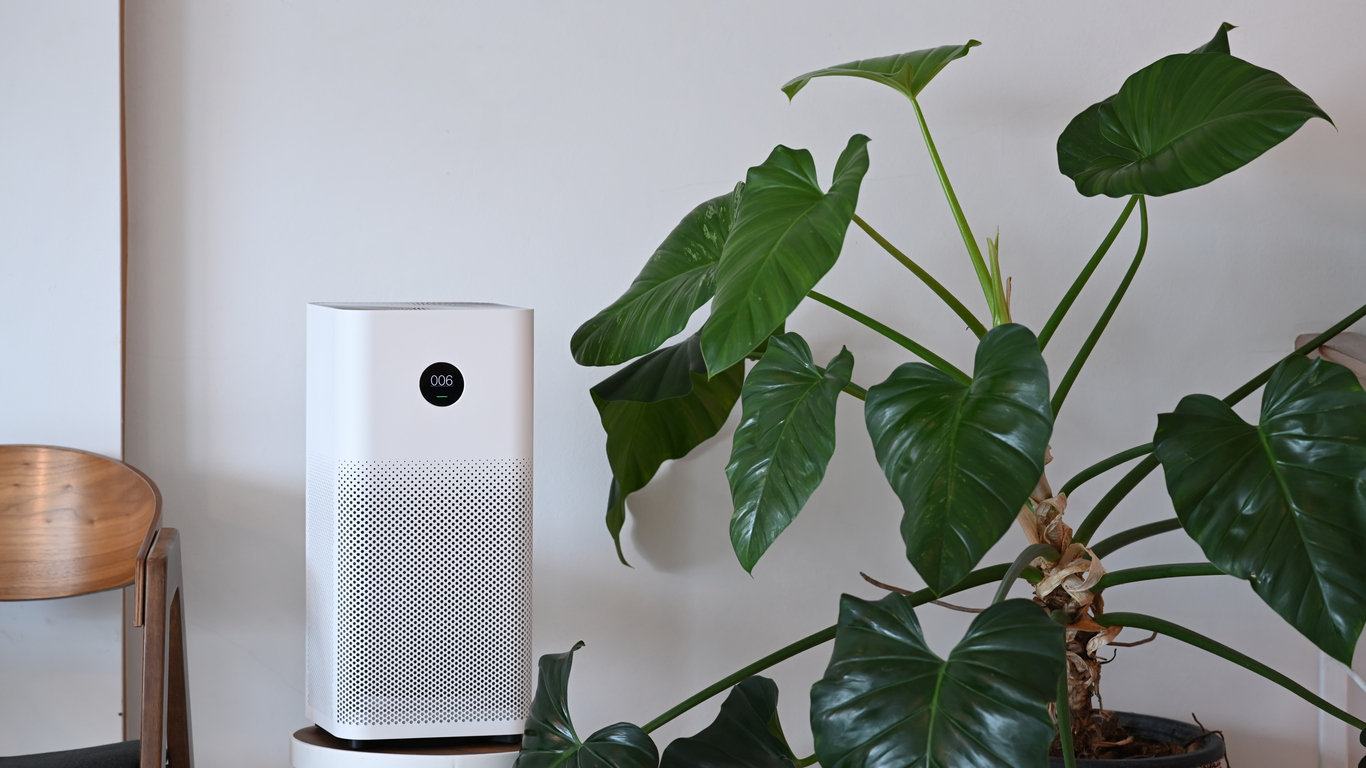 An air purifier elevated on a stand next to a houseplant against a white wall.