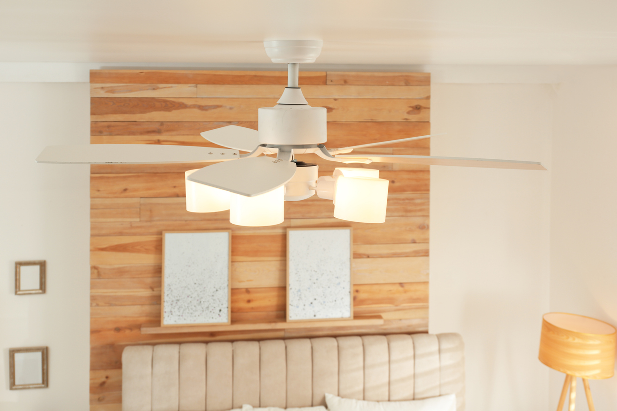 Modern ceiling fan with lamps indoors.
