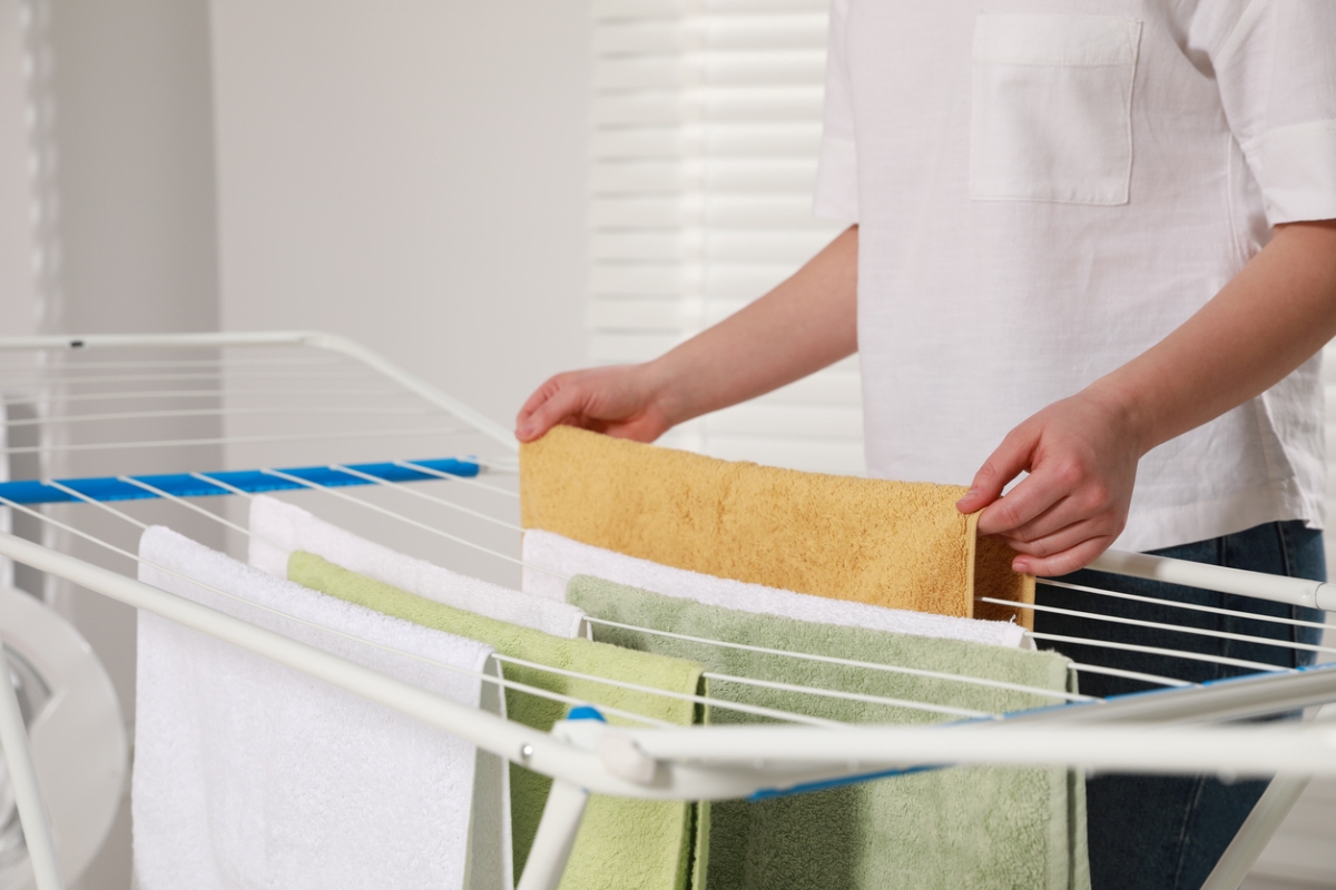 Air drying towels on rack.