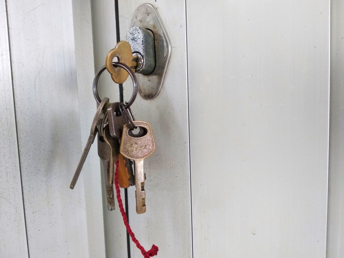 Set of keys in a front door lock.