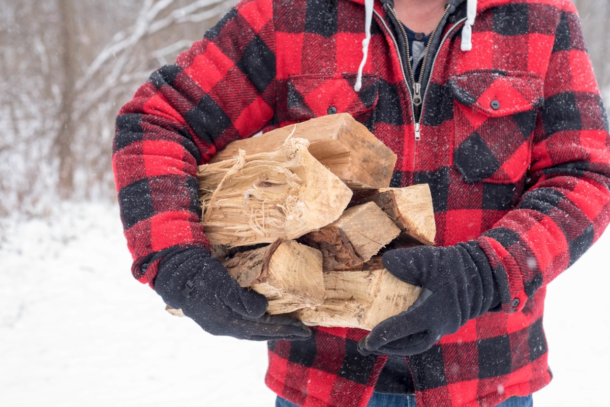 Man wearing buffalo check shirt carrying firewood on snowy day.