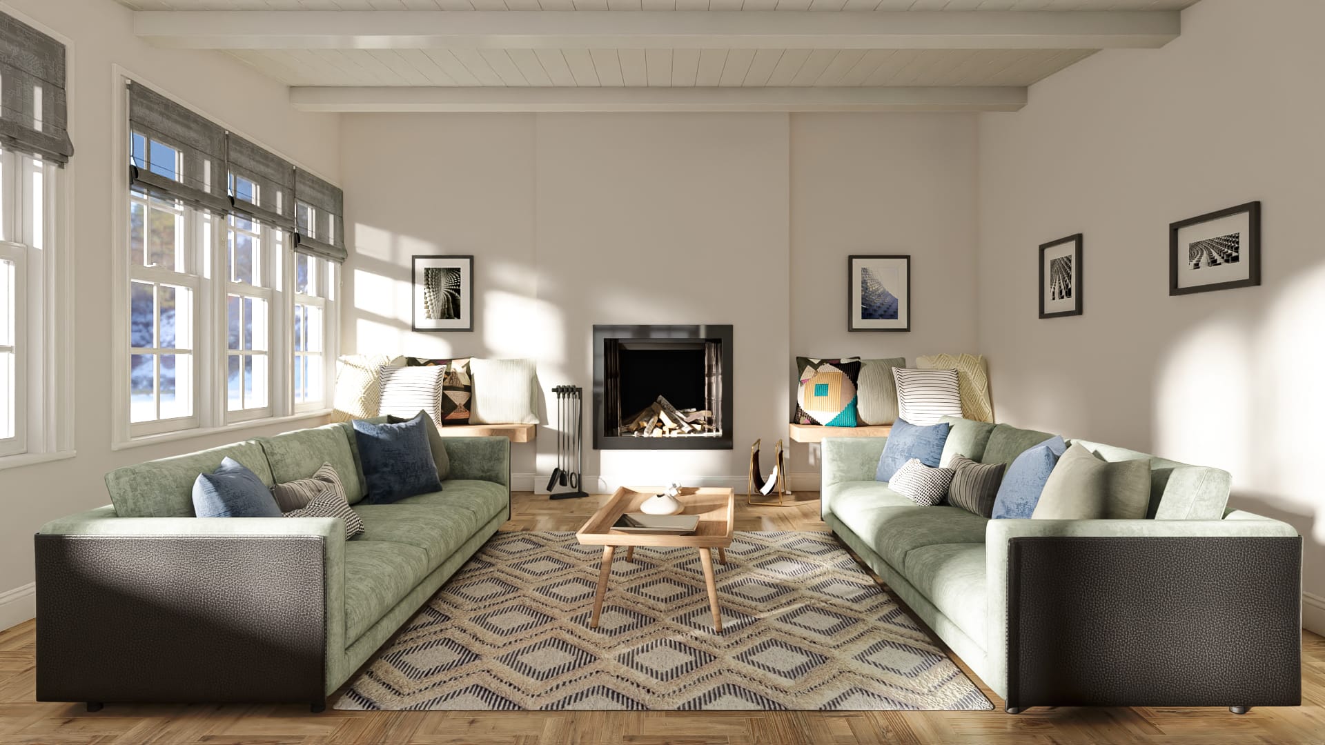 Modern living room with green sofas and accent rug painted in Downy by Sherwin Williams.