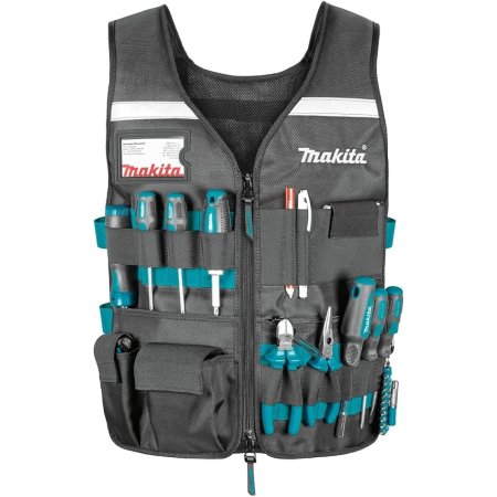  The Makita Tool Vest for Carpenters stocked with Makita hand tools on a white background.