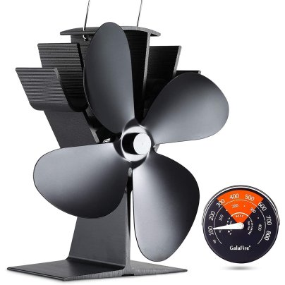 The Galafire 4 Blades Heat-Powered Wood Stove Fan on a white background with a temperature gauge next to it.
