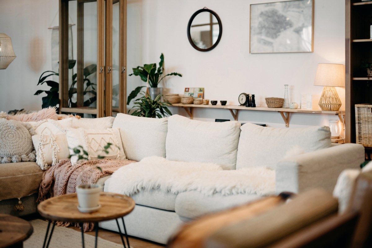 A cozy-looking living room with off-white walls, several plants, and true-white polyester couch.