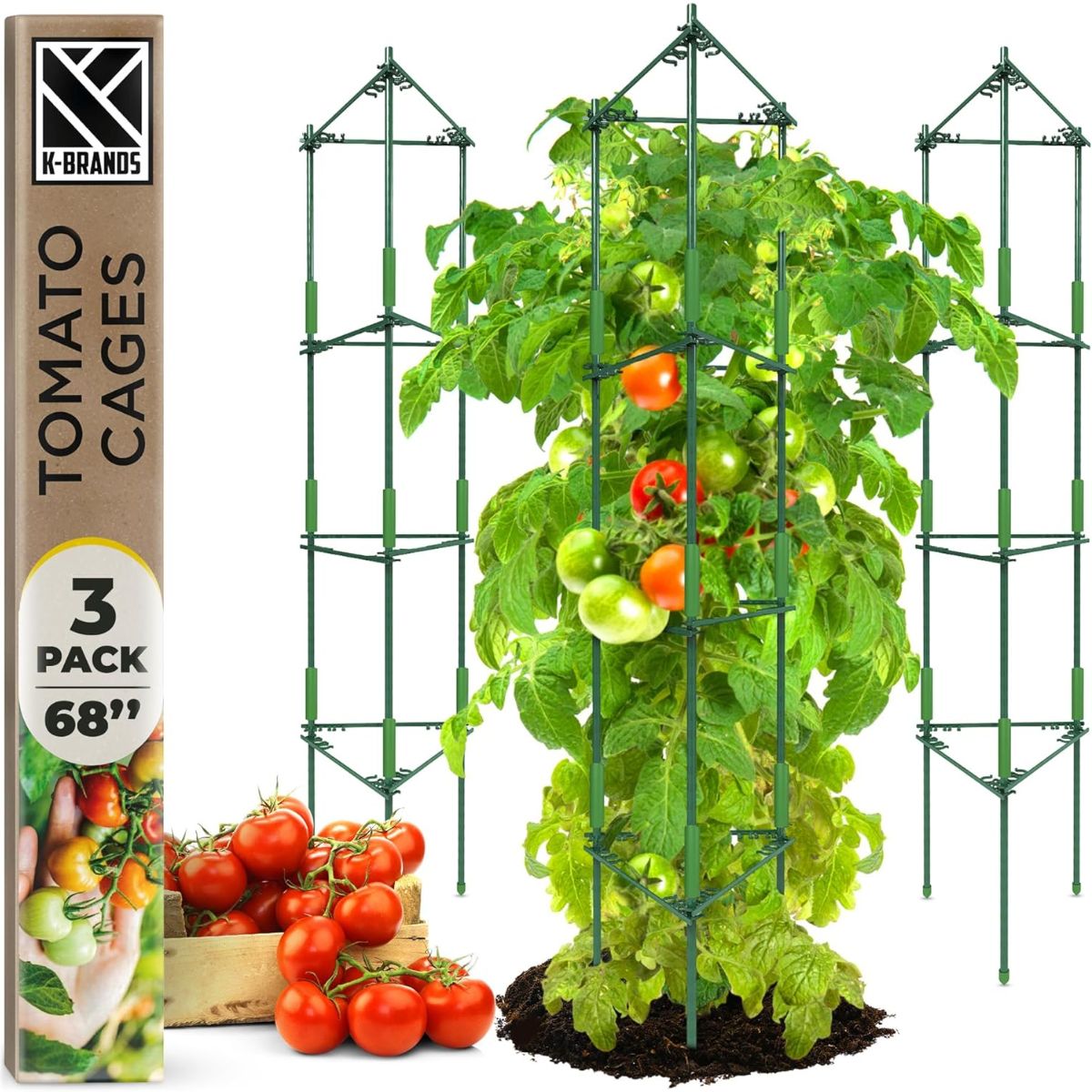 K-Brands Extra Tall Tomato Cages with a leafy tomato plant growing