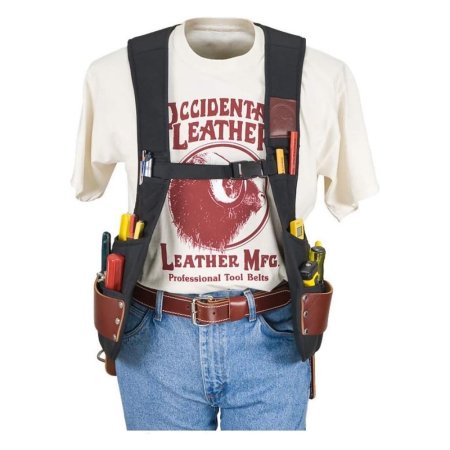  A torso wearing the Occidental Leather Stronghold SuspendaVest over jeans and an Occidental Leathter t-shirt.