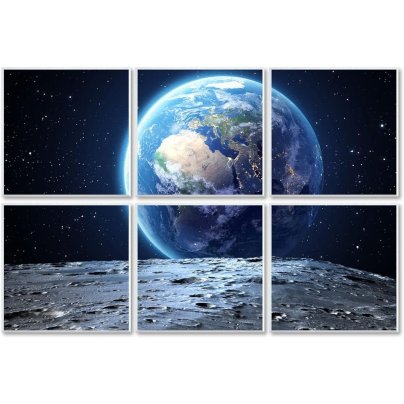 Six Bubos Decorative Art Acoustic Panels assembled to block sound and create an image of the view of earth from the moon.