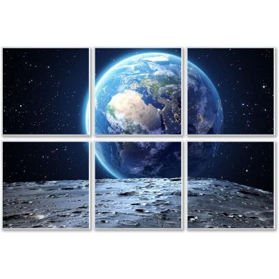 Six Bubos Decorative Art Acoustic Panels assembled to block sound and create an image of the view of earth from the moon.