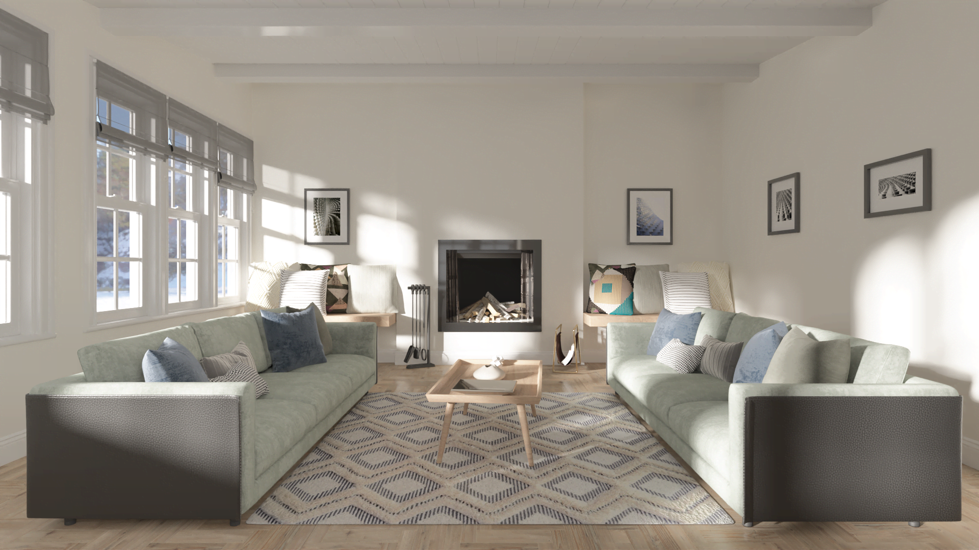 Living room with grey furniture and chevron-patterned rug with walls painted in Valspar's "Swiss Coffee" paint.