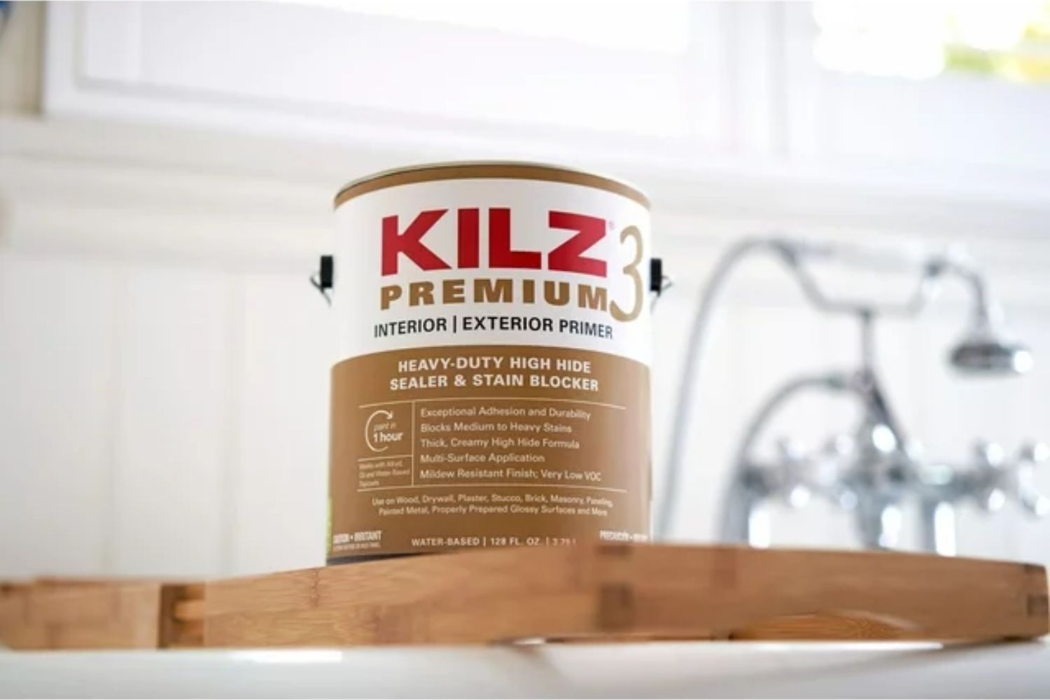 A gallon of Kilz 3 Premium Interior/Exterior Primer garage paint on a counter.