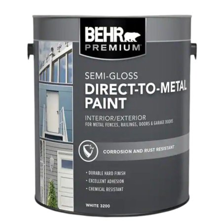  A gallon can of the Behr Premium Direct-to-Metal Interior/Exterior Paint with a grey label on a white background.
