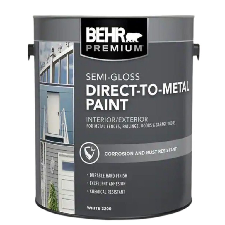  A gallon can of the Behr Premium Direct-to-Metal Interior/Exterior Paint with a grey label on a white background.