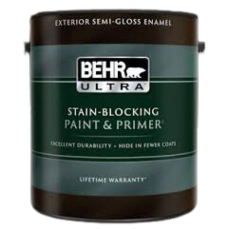  A gallon of the Behr Ultra Stain-Blocking Paint & Primer with a brown, grey, and green label.