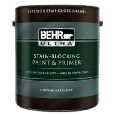 A gallon of the Behr Ultra Stain-Blocking Paint & Primer with a brown, grey, and green label.