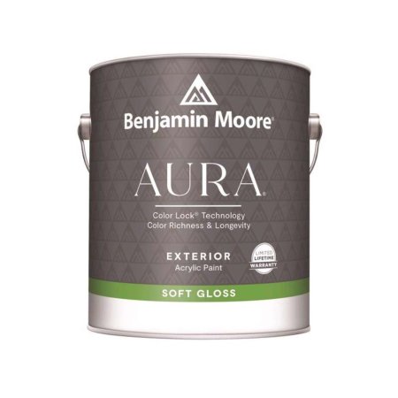  A gallon of Benjamin Moore Aura Exterior Acrylic Paint on a white background.