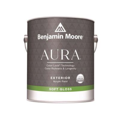 A gallon of Benjamin Moore Aura Exterior Acrylic Paint on a white background.