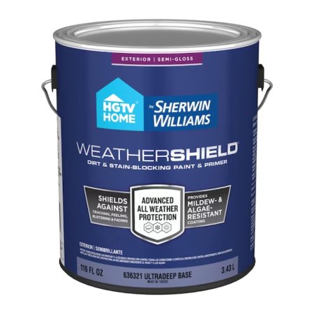  A gallon of HGTV Home by Sherwin Williams Weathershield Paint with a blue label on a white background.