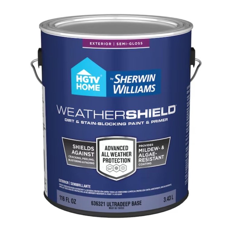  A gallon of HGTV Home by Sherwin Williams Weathershield Paint with a blue label on a white background.
