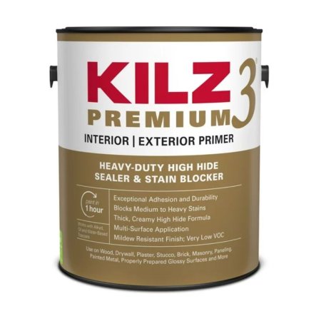  A gallon of Kilz 3 Premium Interior/Exterior Primer with a tan and white label on a white background.