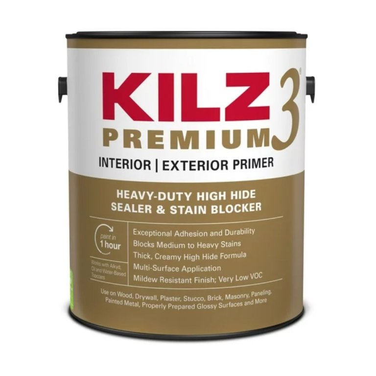  A gallon of Kilz 3 Premium Interior/Exterior Primer with a tan and white label on a white background.