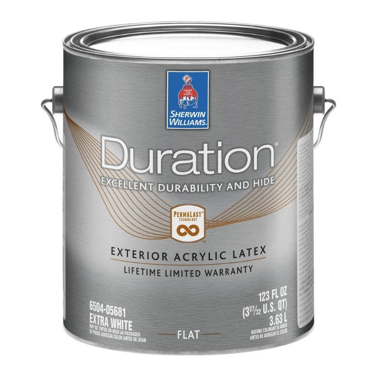  A gallon of Sherwin Williams Duration Exterior Acrylic Latex with a grey label on a white background.