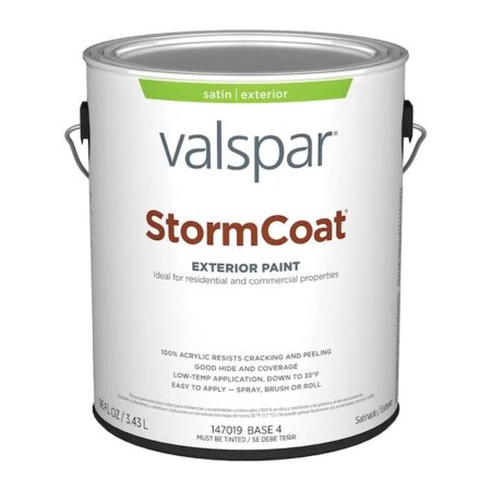  A gallon of Valspar StormCoat Acrylic Exterior Paint with a white label on a white background.