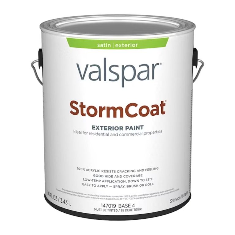  A gallon of Valspar StormCoat Acrylic Exterior Paint with a white label on a white background.