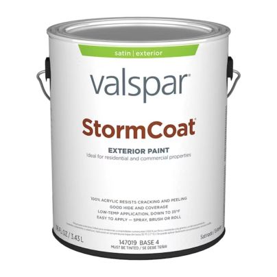A gallon of Valspar StormCoat Acrylic Exterior Paint with a white label on a white background.
