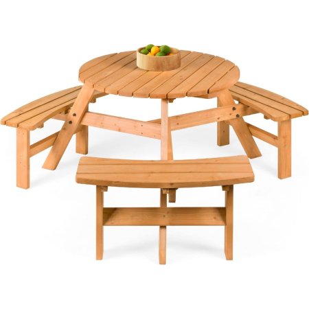  The Best Choice Products Circular Wooden Picnic Table on a white background with a bowl of lemons and limes in its center.