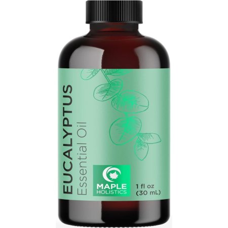  An amber glass bottle of Maple Holistics Pure Eucalyptus Essential Oil on a white background.