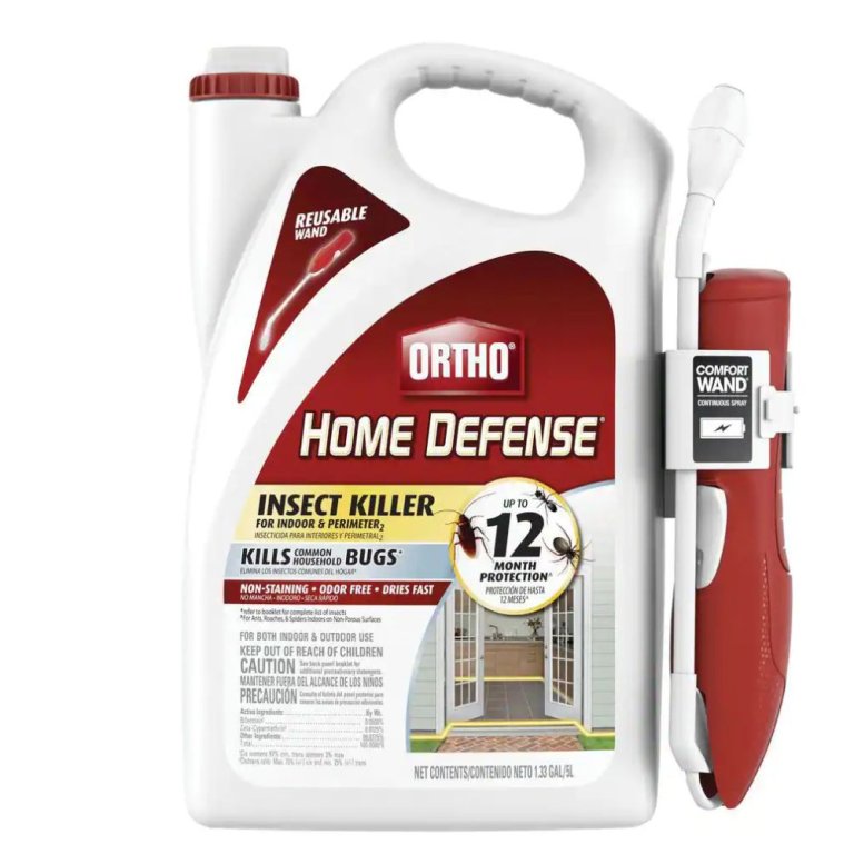  A white jug of the Ortho Home Defense Insect Killer with its included spray nozzle.