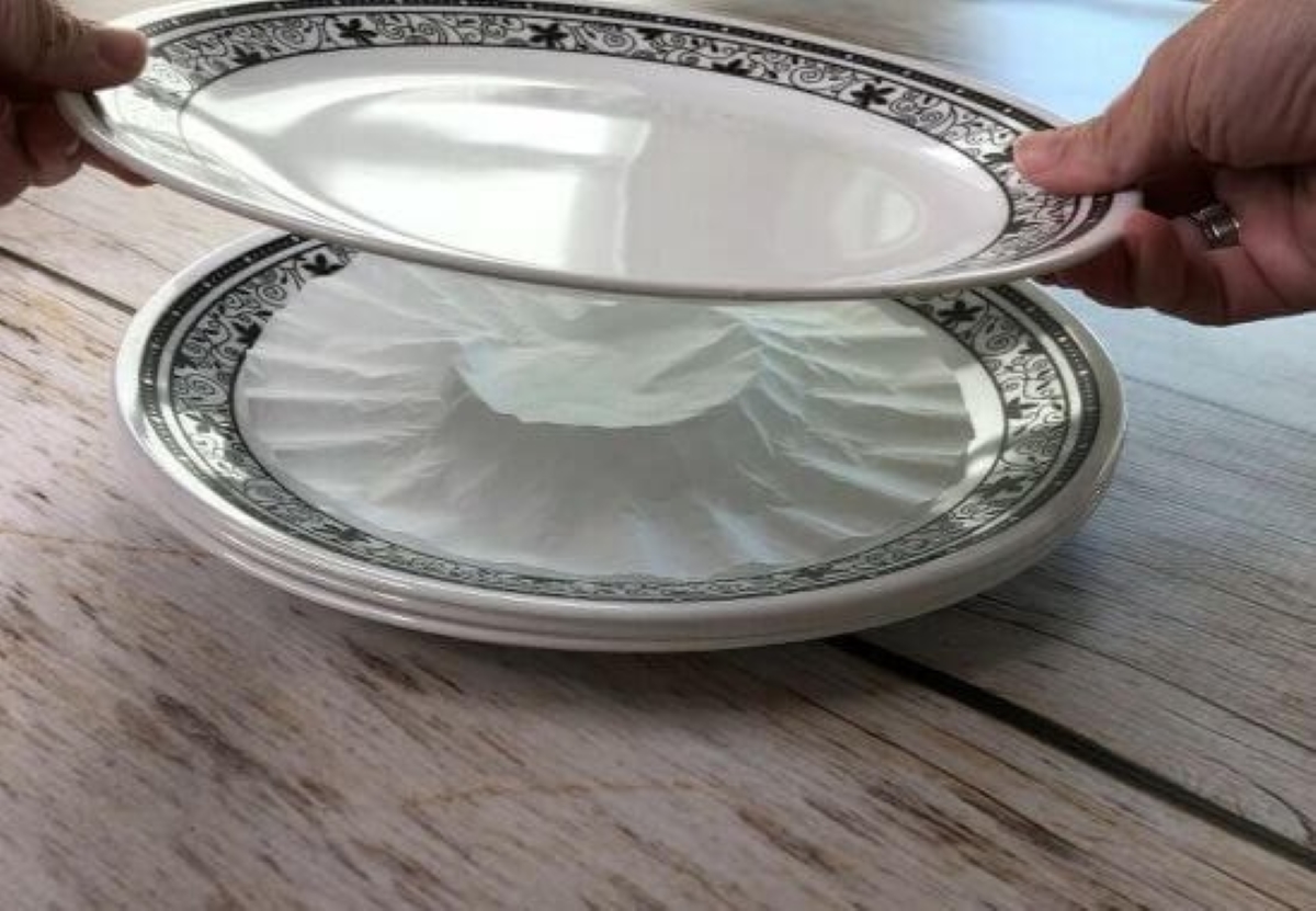 Stacking plates with coffee filters in the middle.