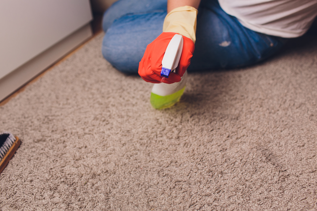 Woman spraying beige carpet with cleaning solution while wearing red gloves.