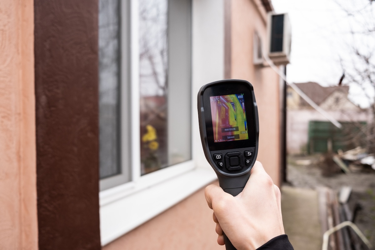 A person using a thermal imaging camera to check for heat loss around the window of a residential home.