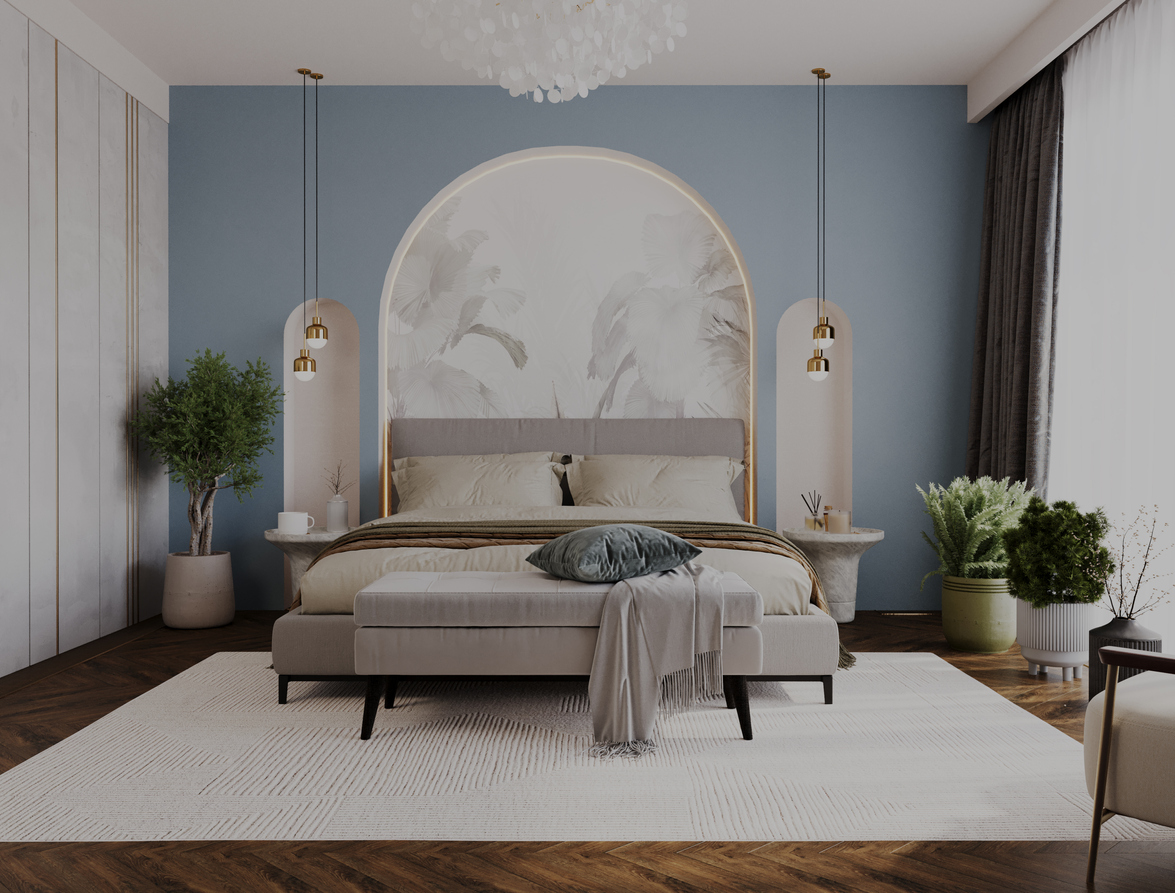 Trendy bedroom with white bedding and archways with light blue wall.