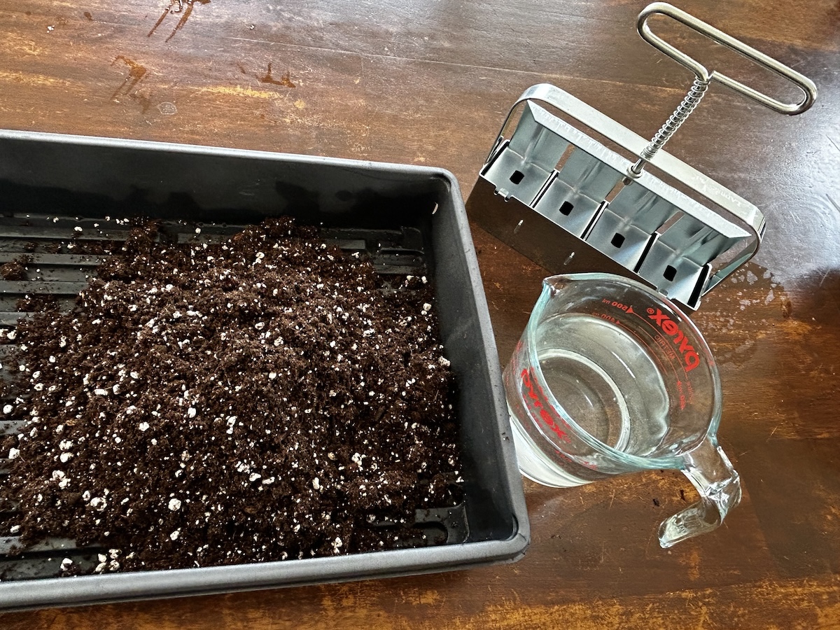 Materials needed for creating soil blocks on a kitchen table ready to start seeds indoors for early spring gardening.