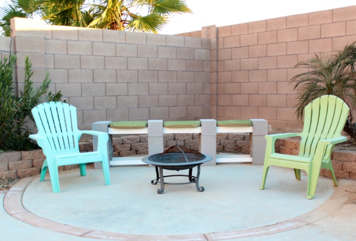 Outdoor patio with cinder-block bench.